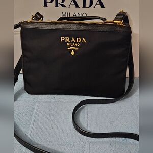 Prada Tessuto Bandoliera Double Zip Nylon Crossbody Bag, BLK, NWT
